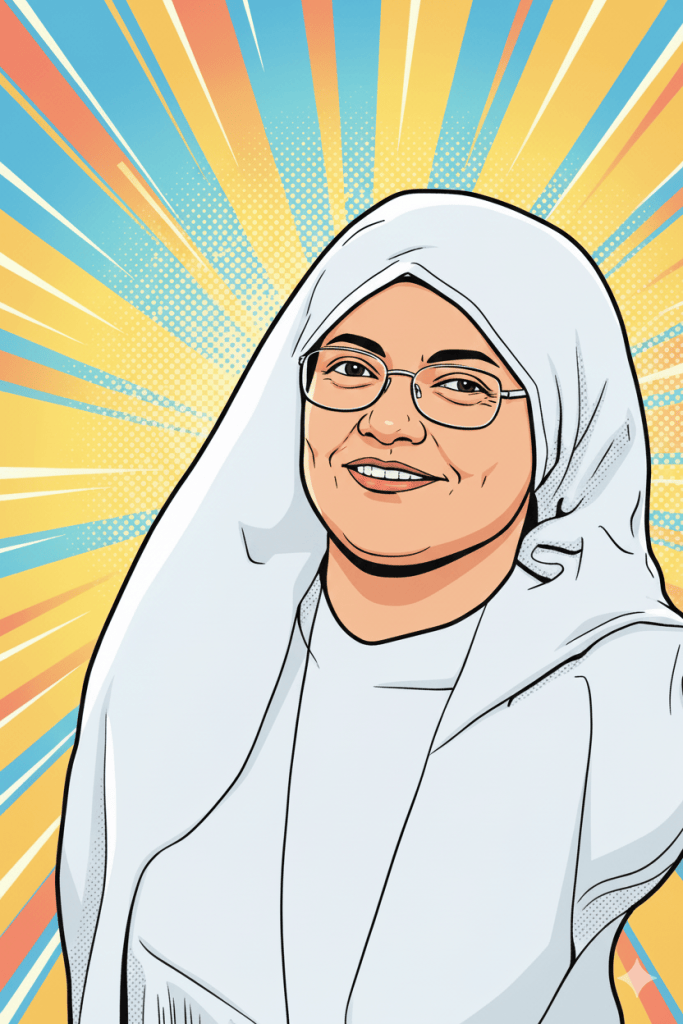 Illustration of a smiling woman wearing a hijab, set against a vibrant, sunburst background, embodying inspiration and positivity.